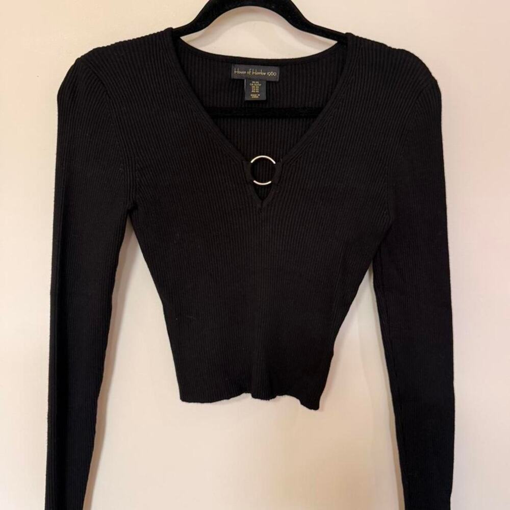 House of Harlow Ribbed V-Neck Sweater with Gold Detail